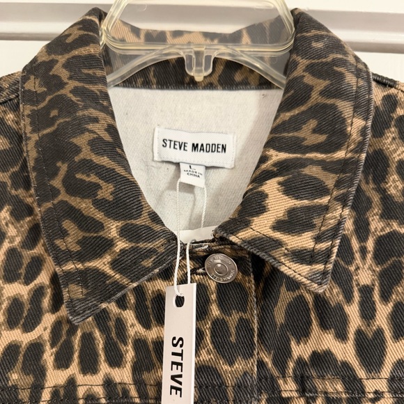 Steve Madden Leopard-Print Jean Jacket Brown and Black Short Sleeve Button Up L - Picture 2 of 10